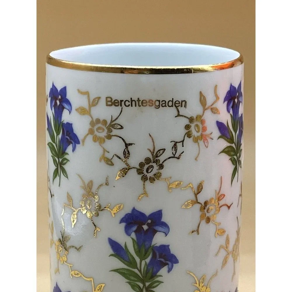 Berchtesgaden Ceramic Vase by KS Bavaria Flowers & Gold Paint